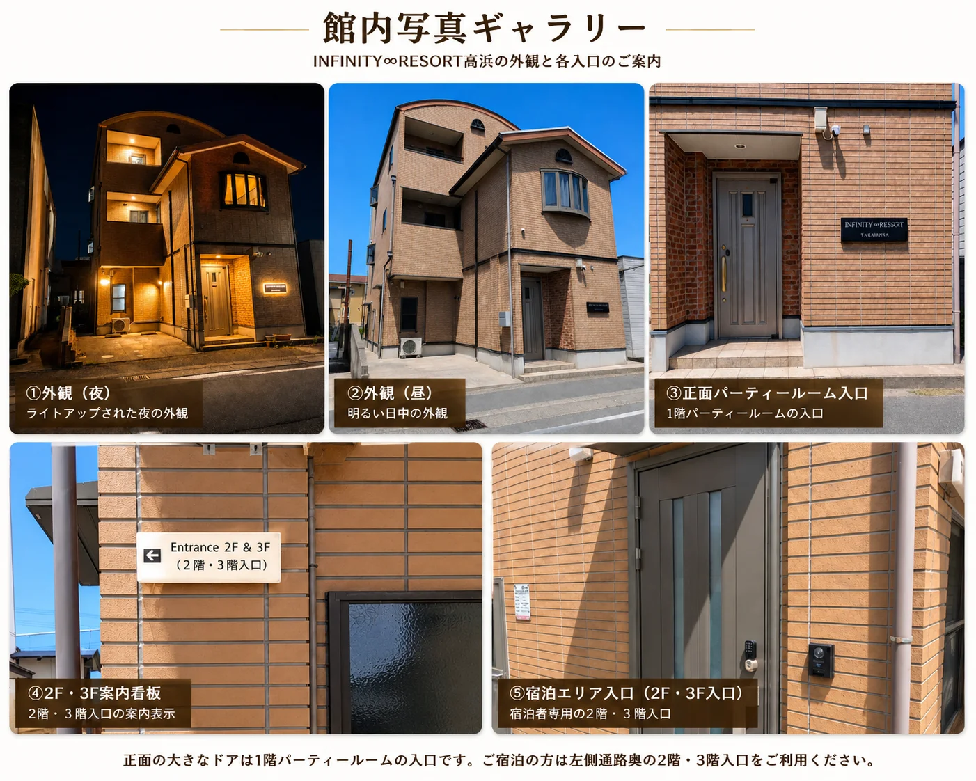 外観の昼夜写真、パーティールーム入口、宿泊エリア入口の案内